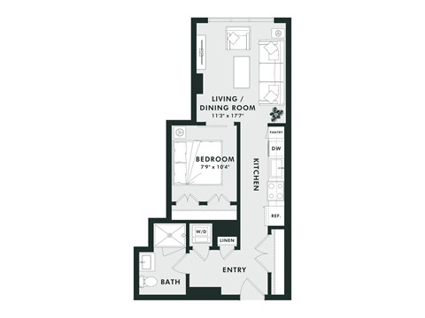 A floor plan of a house with a living room, dining room, kitchen, and bath.